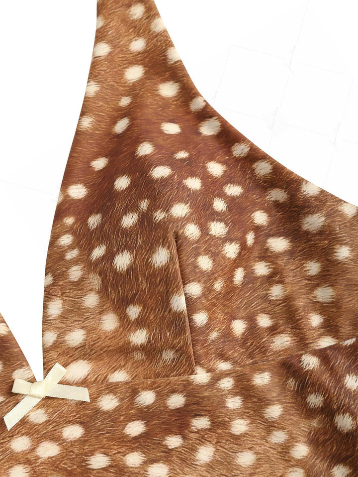 Brown Deer Print Bowknot Halter Tied Back Reversible Top & Cheeky Boyshorts Tankini Set