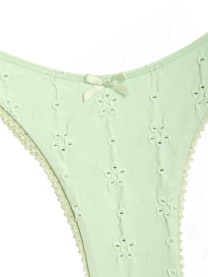Light Green Recycled Fabric Eyelet Jacquard Lace Bowknot Underwire Bikini Set