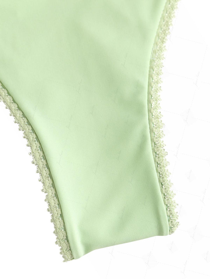 Light Green Recycled Fabric Eyelet Jacquard Lace Bowknot Underwire Bikini Set