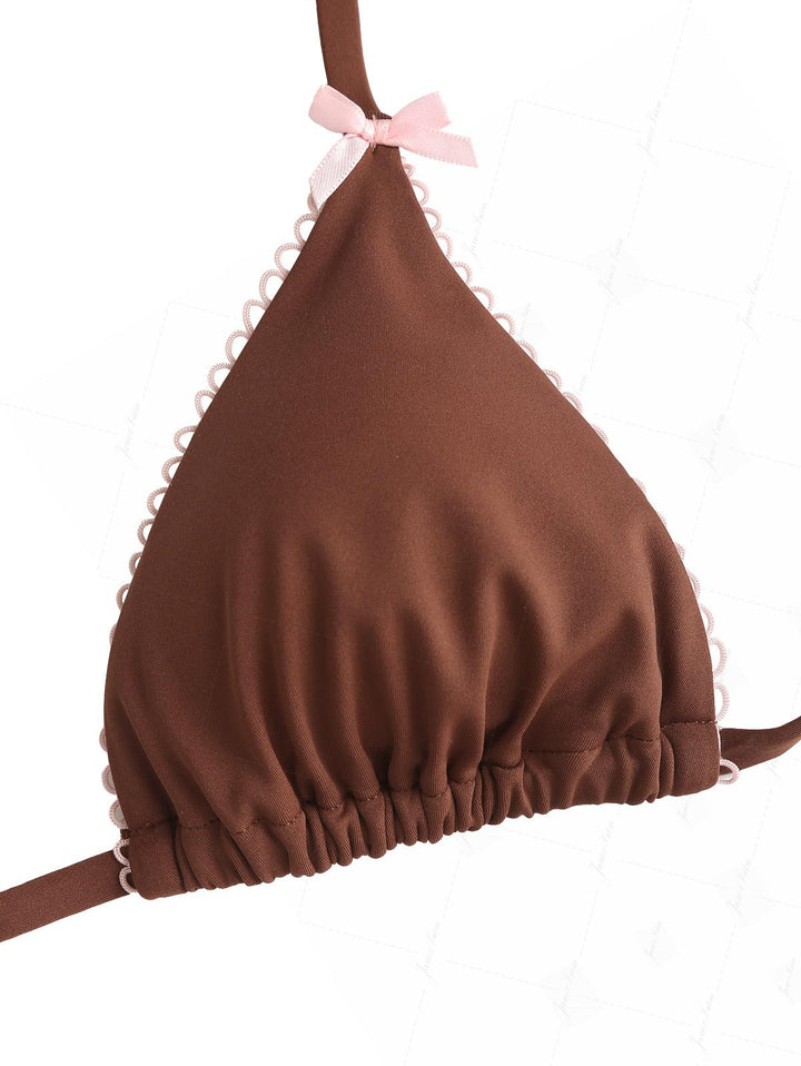 Coffee Contrast Picot Bowknot Halter Triangle Top & Cheeky Brazilian Bottom Bikini Set