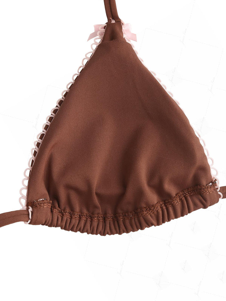 Coffee Contrast Picot Bowknot Halter Triangle Top & Cheeky Brazilian Bottom Bikini Set