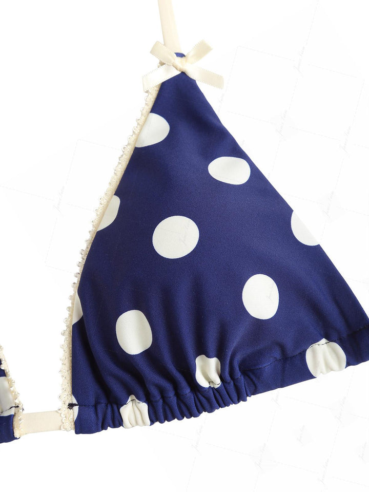 Deep Blue Polka Dot Lace Bowknot Triangle Cheeky Boyshorts Bikini Set