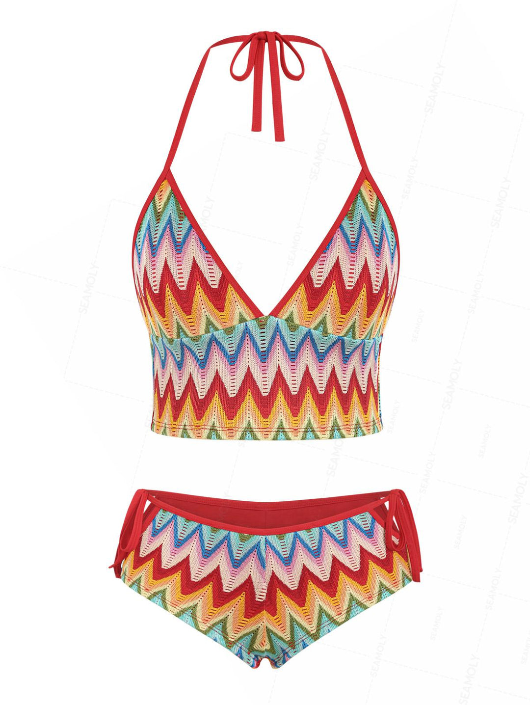 Seamolly Crochet Rainbow Chevron Halter Cutout Tied Side Cheeky Boyshorts Tankini Set