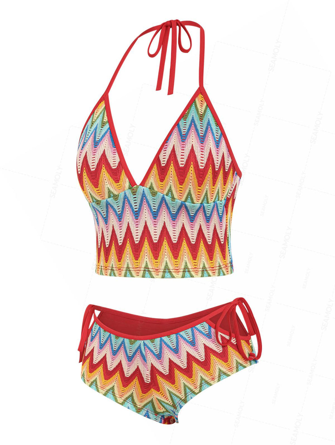 Seamolly Crochet Rainbow Chevron Halter Cutout Tied Side Cheeky Boyshorts Tankini Set