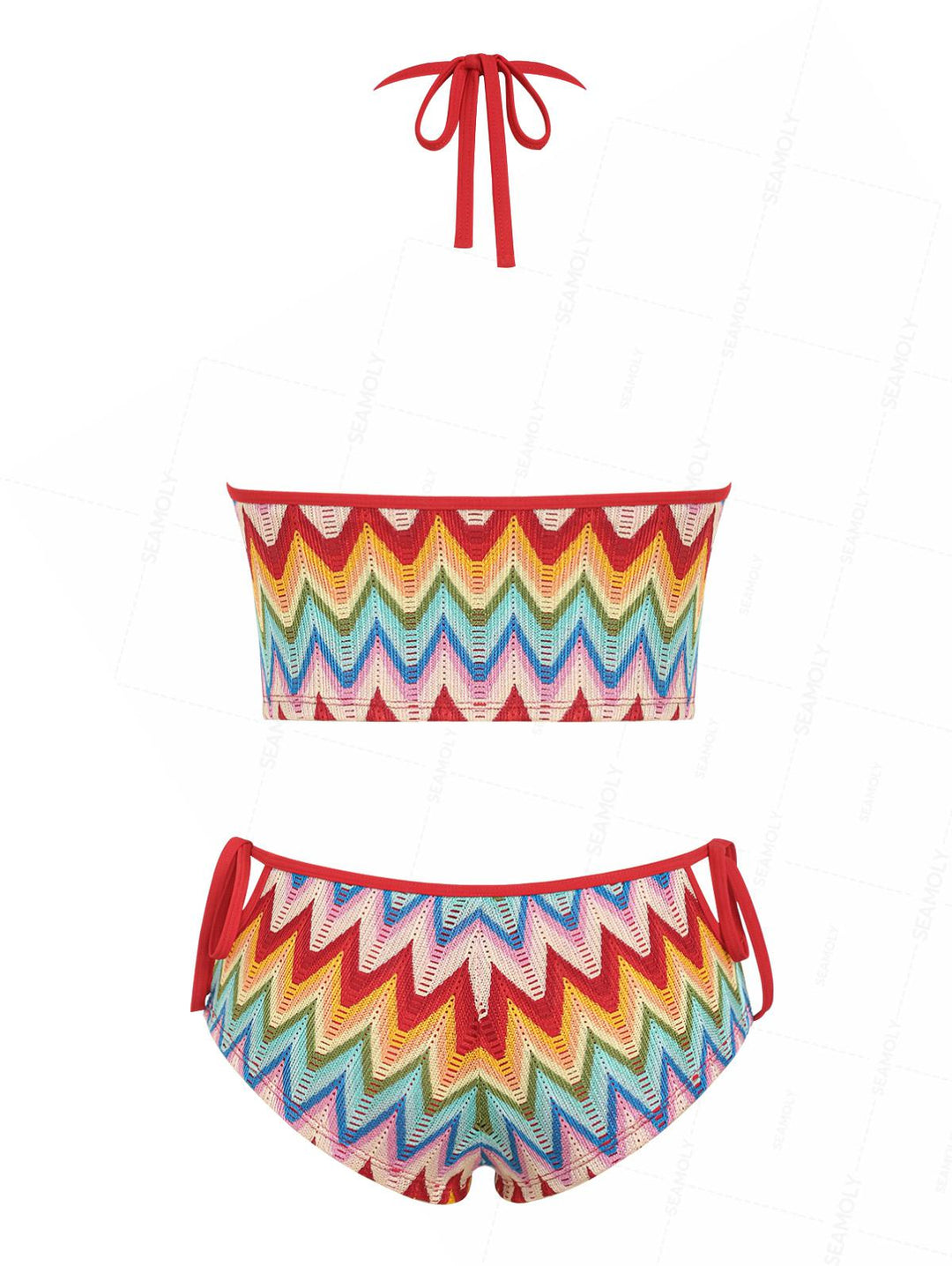 Seamolly Crochet Rainbow Chevron Halter Cutout Tied Side Cheeky Boyshorts Tankini Set