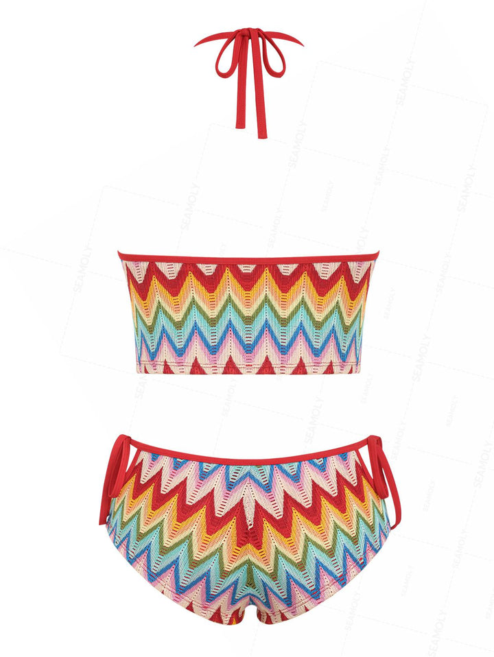 Seamolly Crochet Rainbow Chevron Halter Cutout Tied Side Cheeky Boyshorts Tankini Set