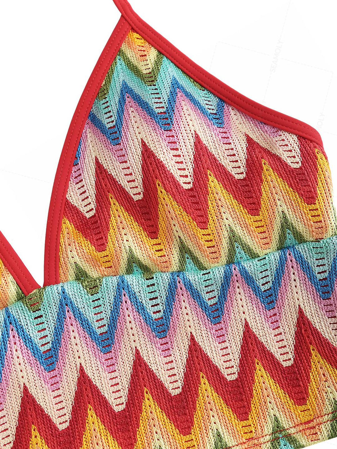 Seamolly Crochet Rainbow Chevron Halter Cutout Tied Side Cheeky Boyshorts Tankini Set
