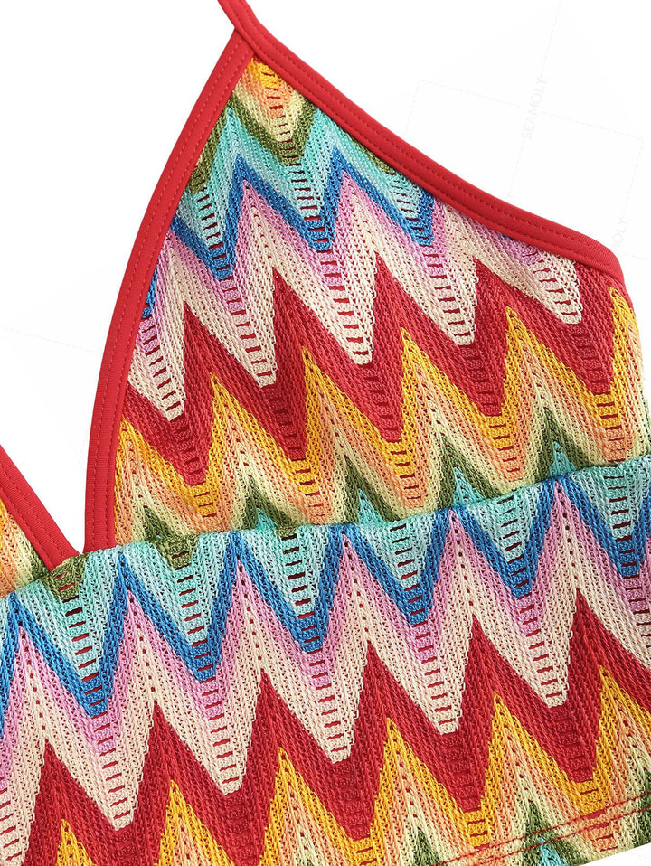 Seamolly Crochet Rainbow Chevron Halter Cutout Tied Side Cheeky Boyshorts Tankini Set