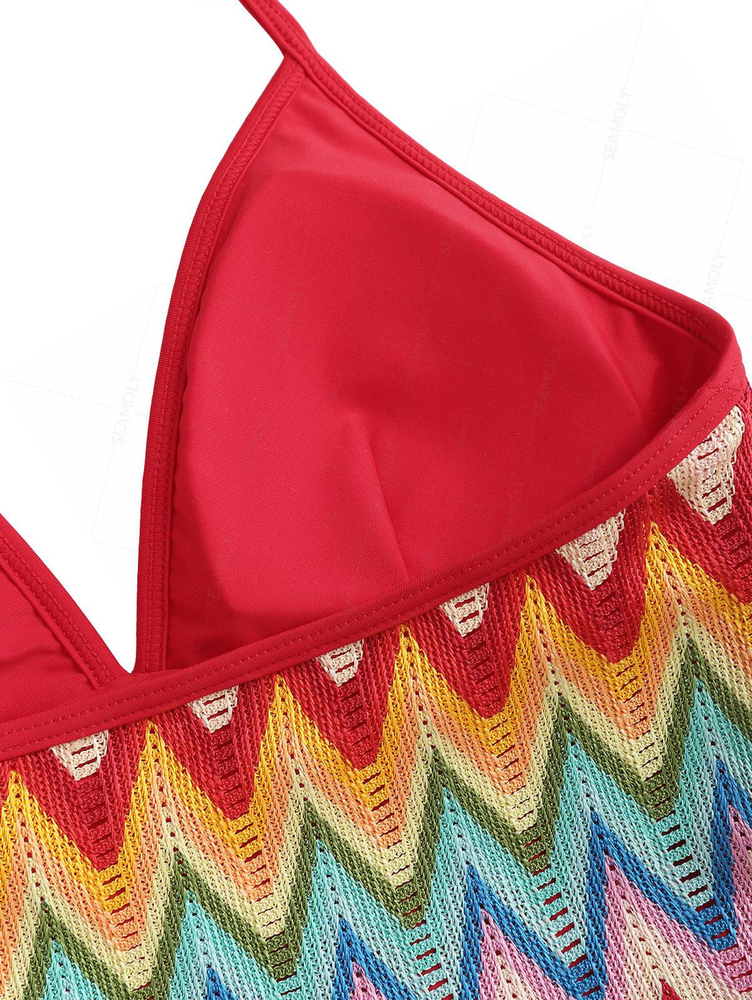 Seamolly Crochet Rainbow Chevron Halter Cutout Tied Side Cheeky Boyshorts Tankini Set