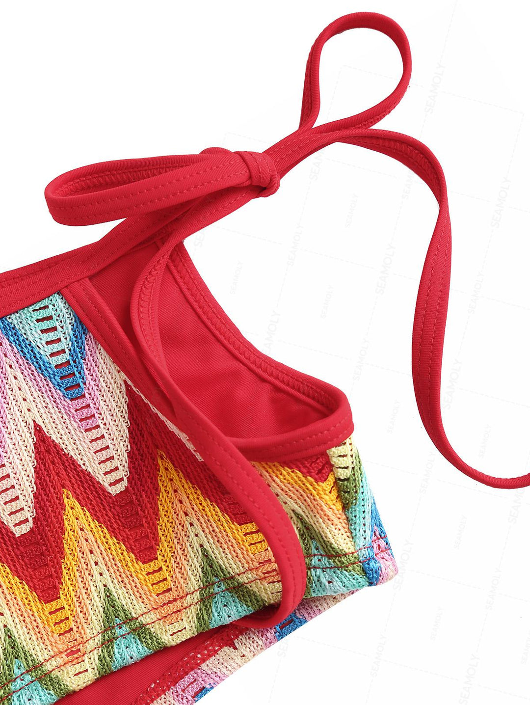 Seamolly Crochet Rainbow Chevron Halter Cutout Tied Side Cheeky Boyshorts Tankini Set