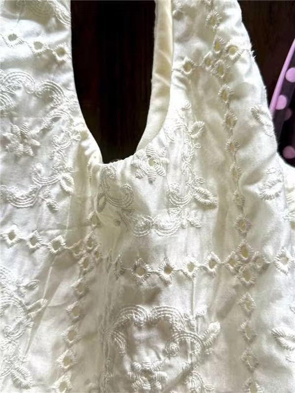 French Checkered Eyelet Floral Embroidery Vest-style Tote Bag