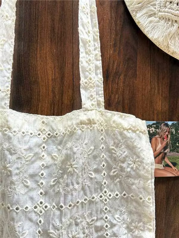 French Checkered Eyelet Floral Embroidery Shoulder Bag