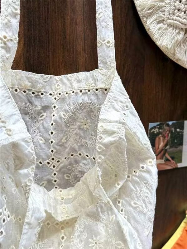 French Checkered Eyelet Floral Embroidery Shoulder Bag