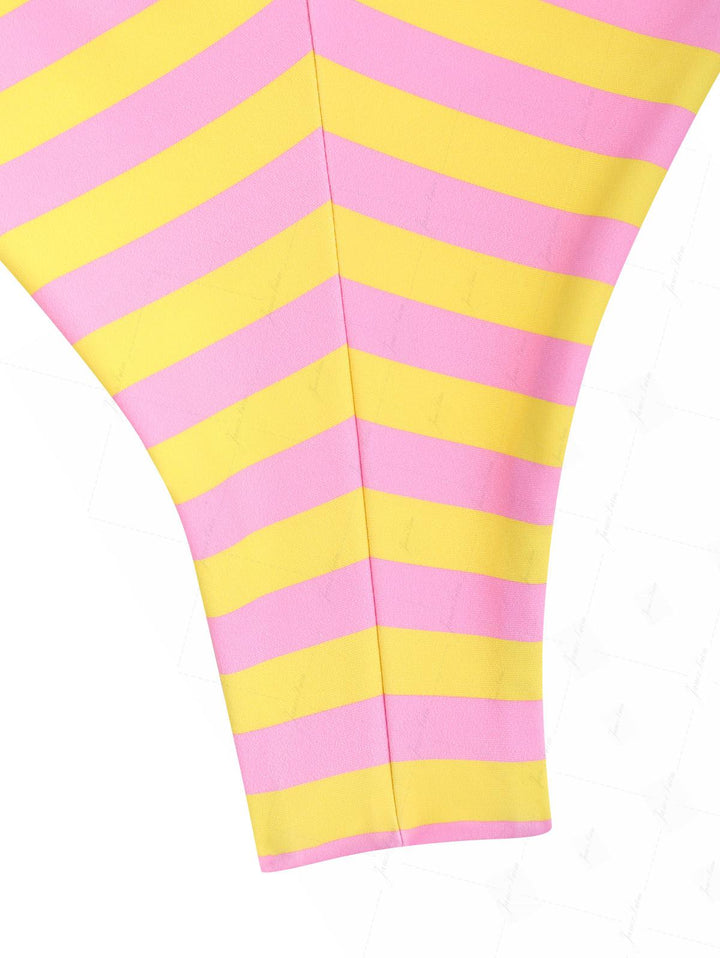 Yellow Striped Polka Dot O Ring Double Layer Top & Reversible Cheeky Brazilian Bottom Bikini Set