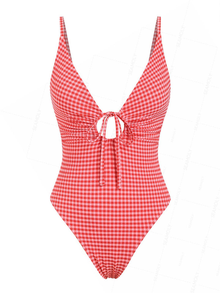 Seamolly Gingham Drawstring Tie Front One-piece Swimsuit