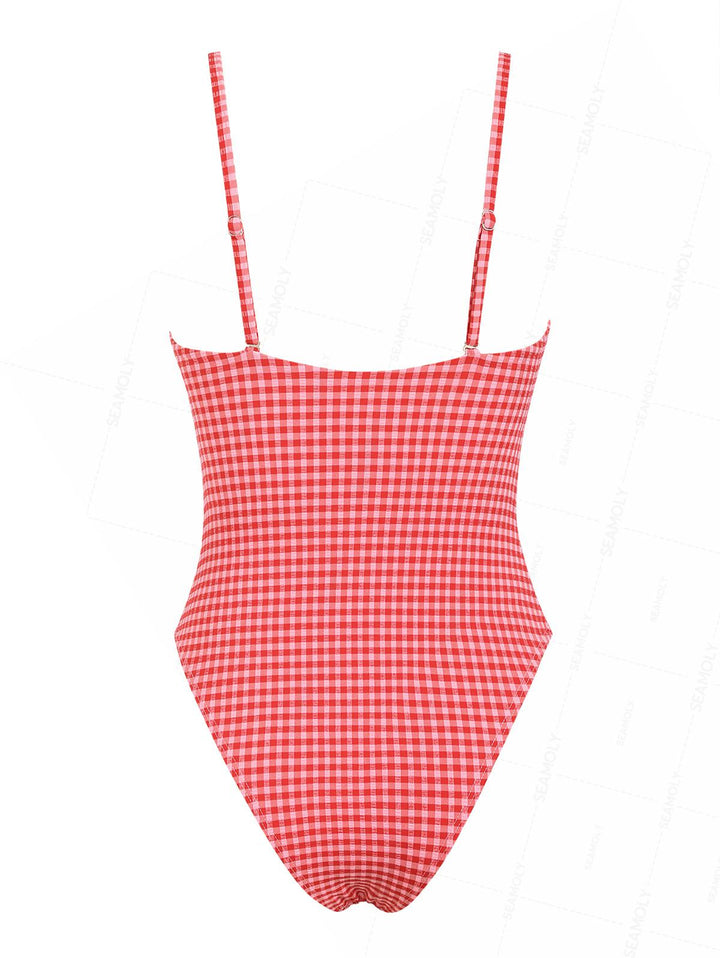 Seamolly Gingham Drawstring Tie Front One-piece Swimsuit
