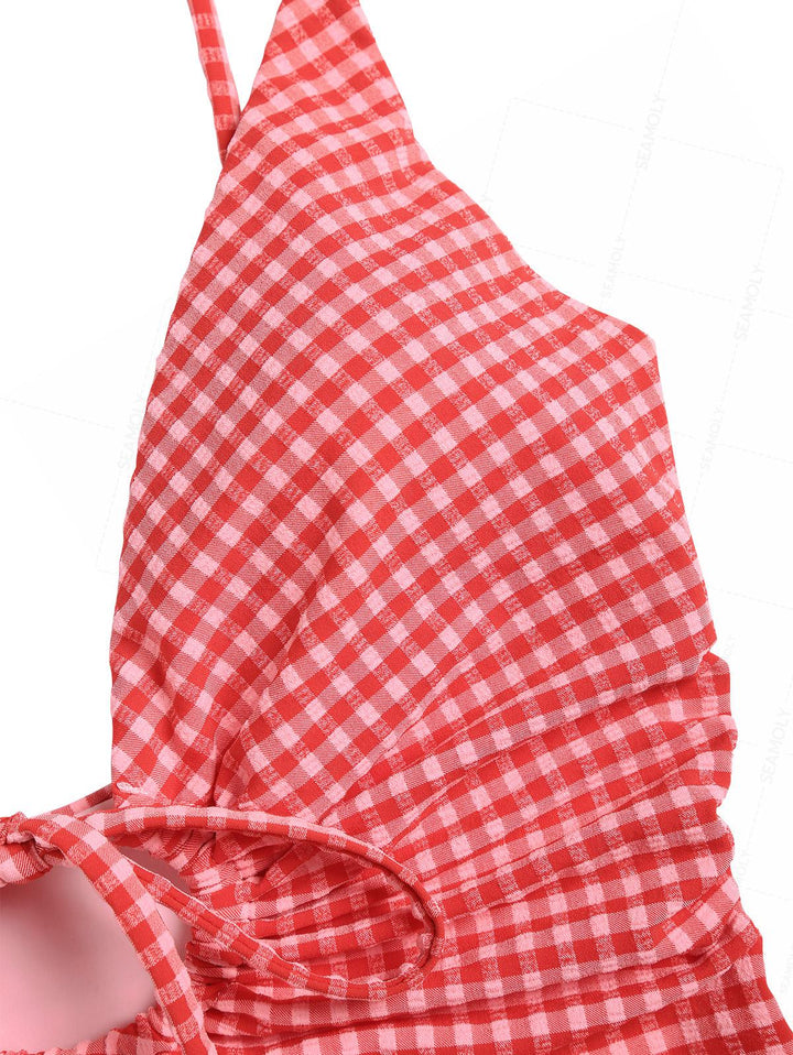 Seamolly Gingham Drawstring Tie Front One-piece Swimsuit