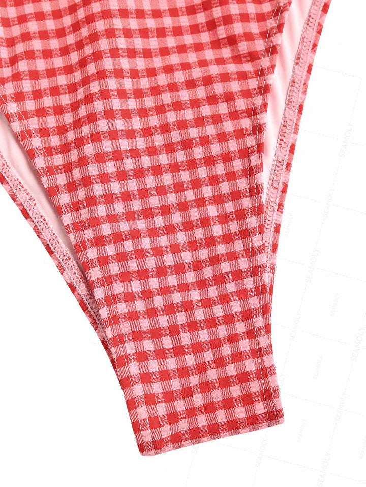 Seamolly Gingham Drawstring Tie Front One-piece Swimsuit