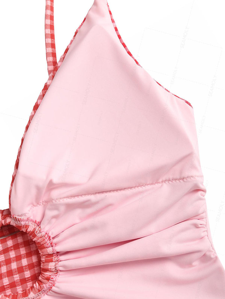 Seamolly Gingham Drawstring Tie Front One-piece Swimsuit