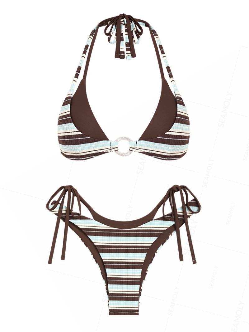 Seamolly Contrast Color Striped O Ring Double Layer Bikini Set