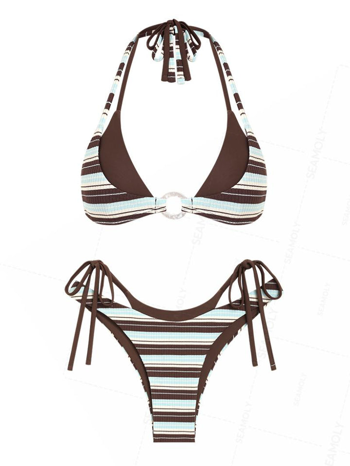 Seamolly Contrast Color Striped O Ring Double Layer Bikini Set