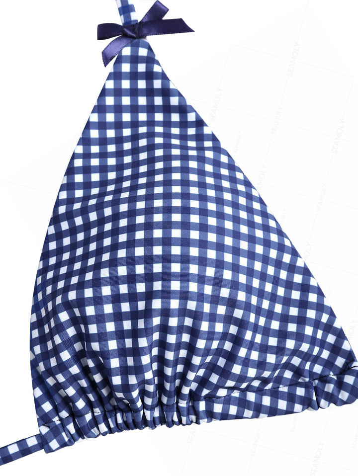 Seamolly Gingham Bowknot Halter Triangle Cheeky Boyshorts Bikini Set