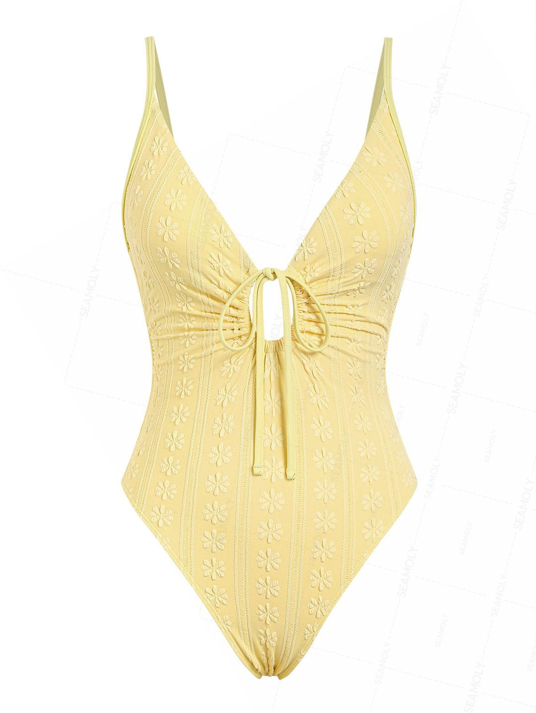 Seamolly Floral Jacquard Drawstring Tie Front One-piece Swimsuit