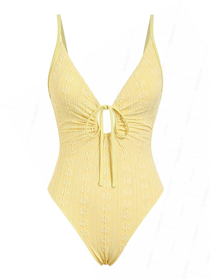 Seamolly Floral Jacquard Drawstring Tie Front One-piece Swimsuit