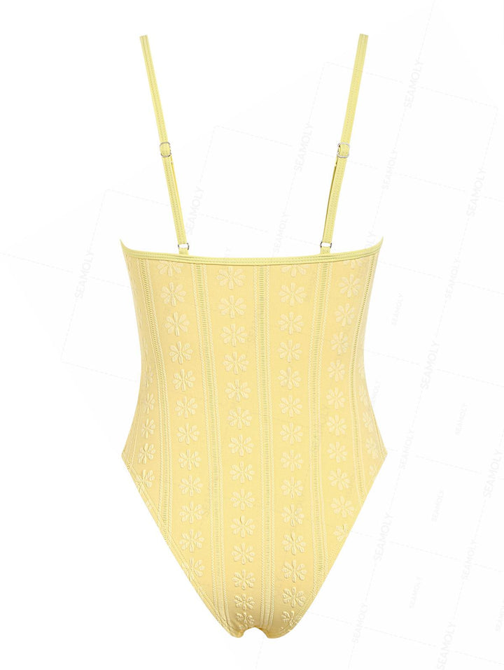 Seamolly Floral Jacquard Drawstring Tie Front One-piece Swimsuit
