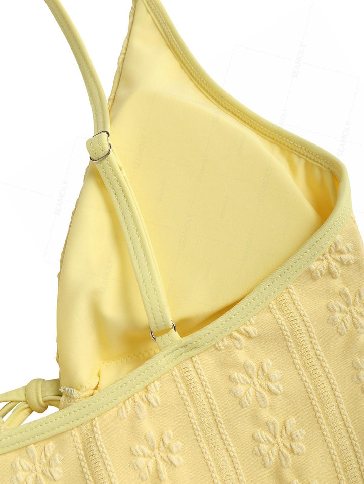 Seamolly Floral Jacquard Drawstring Tie Front One-piece Swimsuit