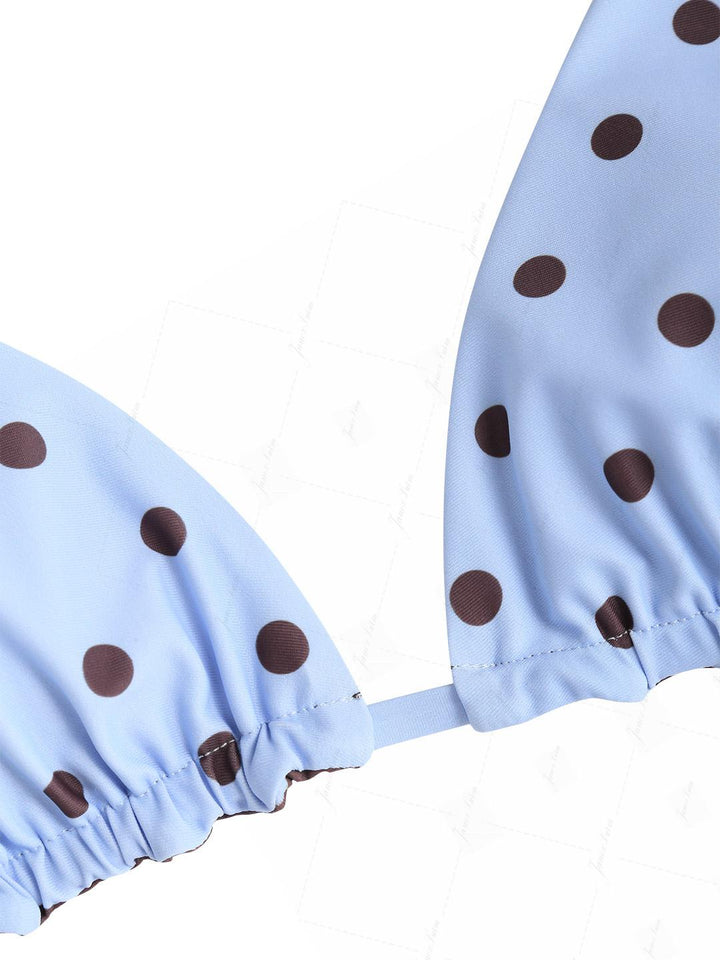 Sky Blue Polka Dot Reversible Triangle Top & Skirted Bottom Bikini Set
