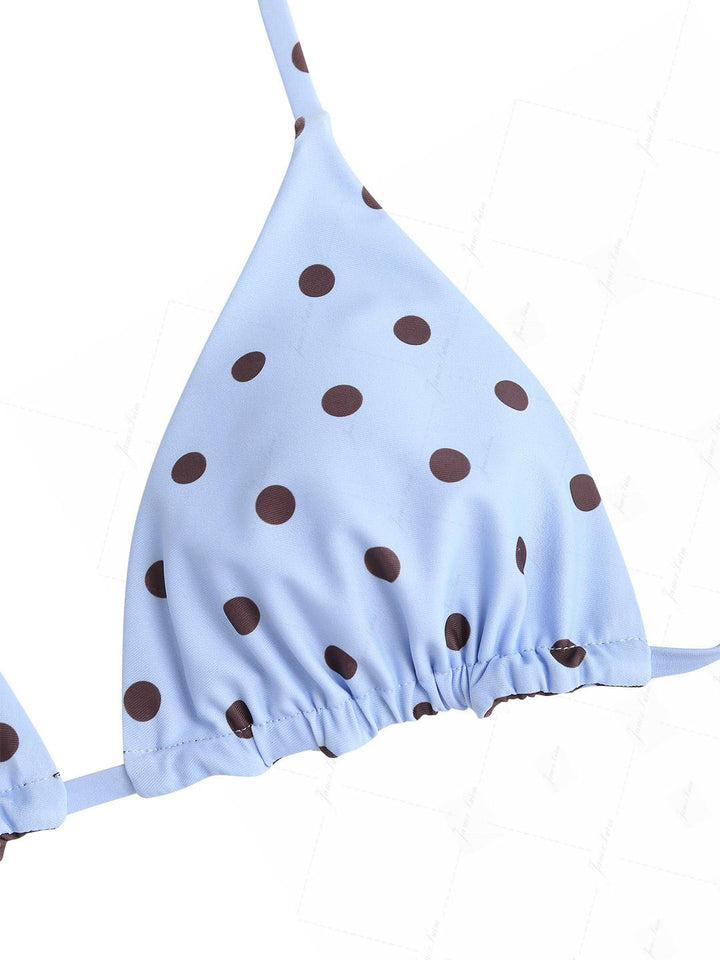 Sky Blue Polka Dot Reversible Triangle Top & Skirted Bottom Bikini Set