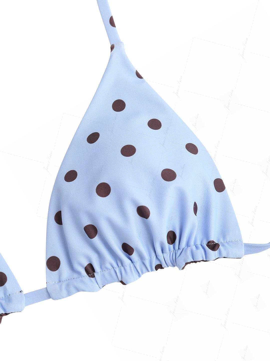 Sky Blue Polka Dot Reversible Triangle Top & Cheeky Boyshorts Bikini Set