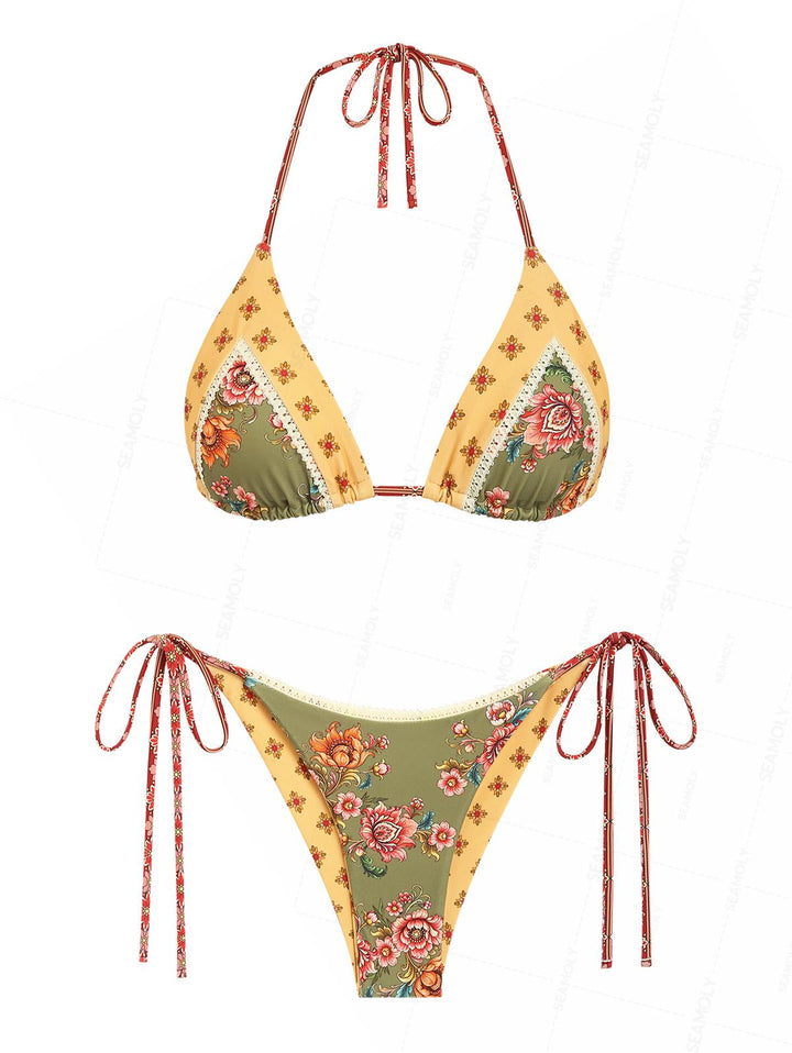 Seamolly Patchwork Floral Print Triangle Top & Reversible Cheeky Brazilian Bottom Bikini Set