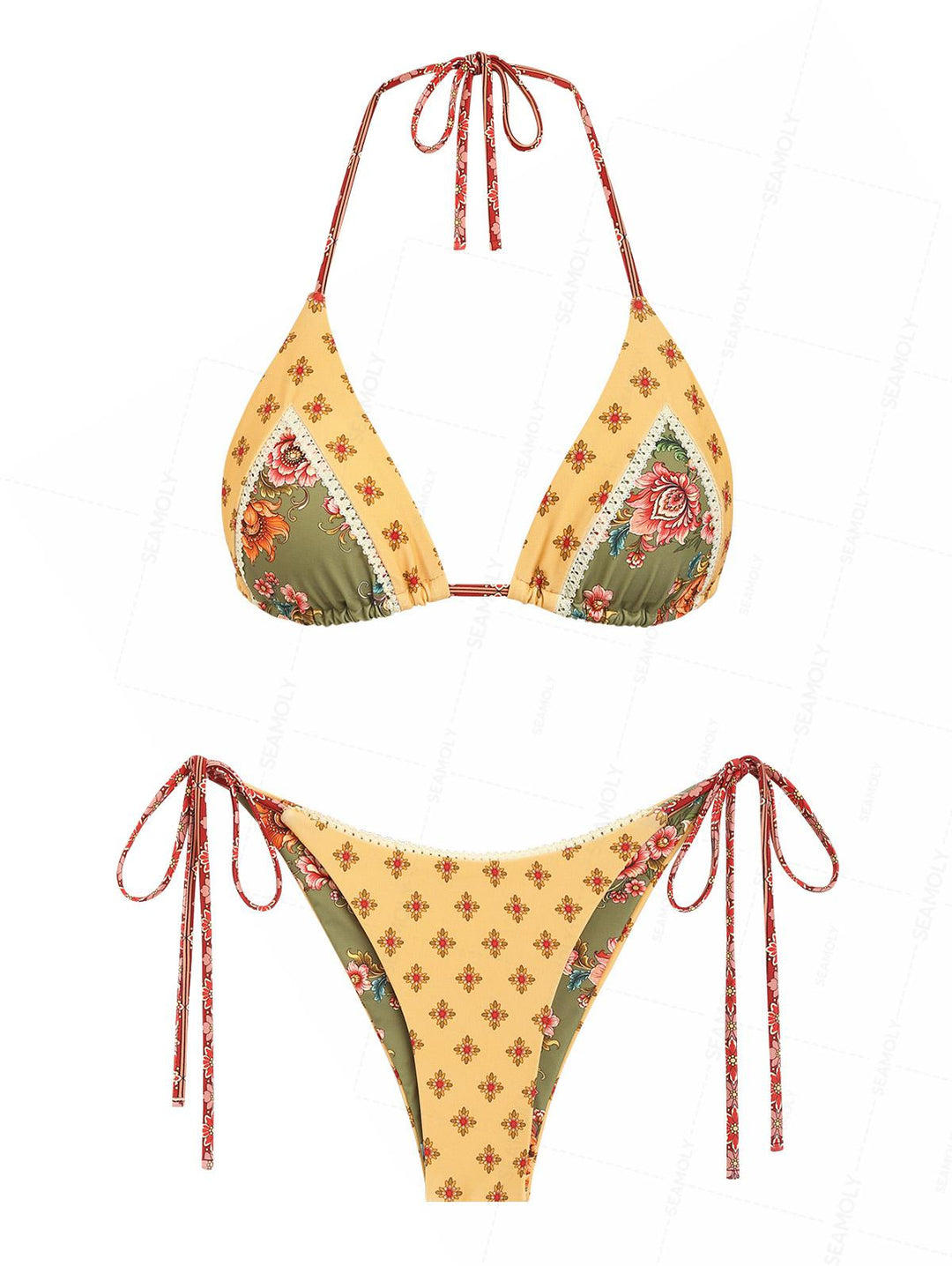 Seamolly Patchwork Floral Print Triangle Top & Reversible Cheeky Brazilian Bottom Bikini Set