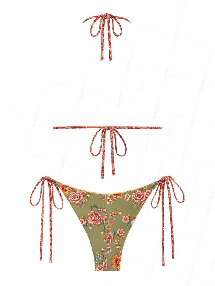 Seamolly Patchwork Floral Print Triangle Top & Reversible Cheeky Brazilian Bottom Bikini Set