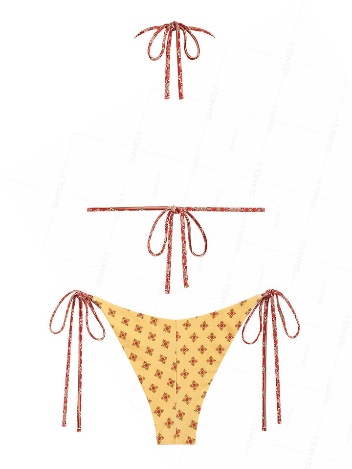 Seamolly Patchwork Floral Print Triangle Top & Reversible Cheeky Brazilian Bottom Bikini Set