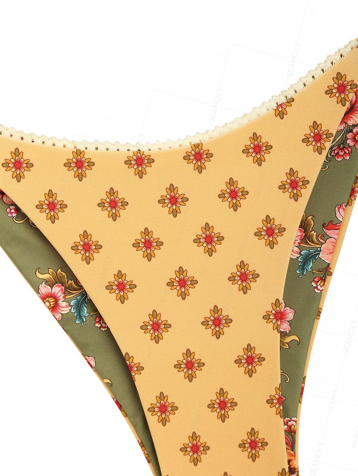 Seamolly Patchwork Floral Print Triangle Top & Reversible Cheeky Brazilian Bottom Bikini Set