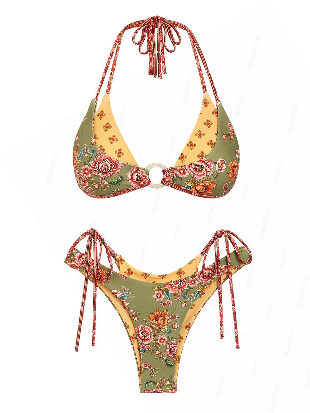 Seamolly Floral Print O Ring Top & Reversible Bottom Double Layer Bikini Set