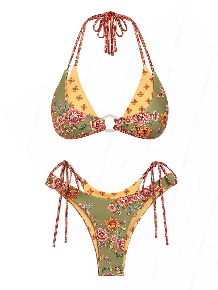 Seamolly Floral Print O Ring Top & Reversible Bottom Double Layer Bikini Set
