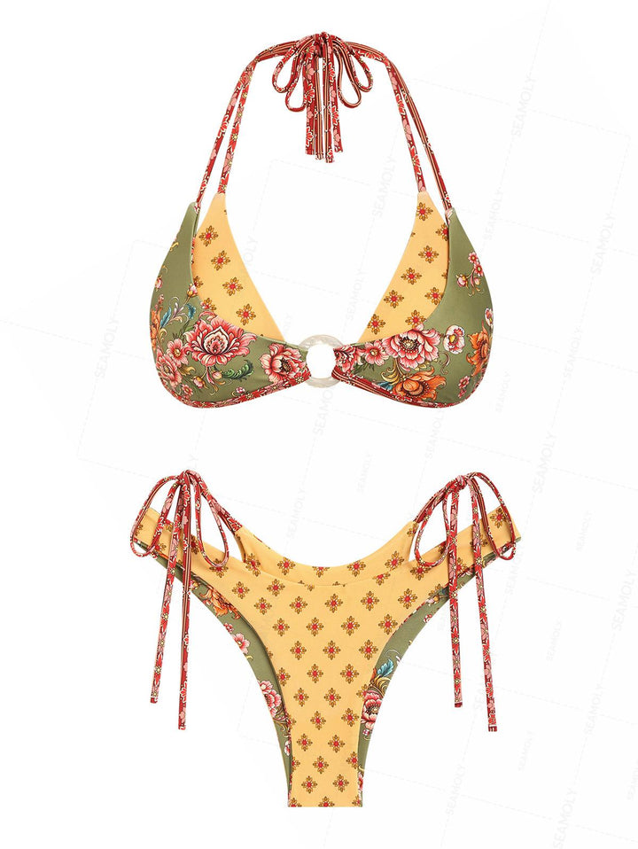 Seamolly Floral Print O Ring Top & Reversible Bottom Double Layer Bikini Set