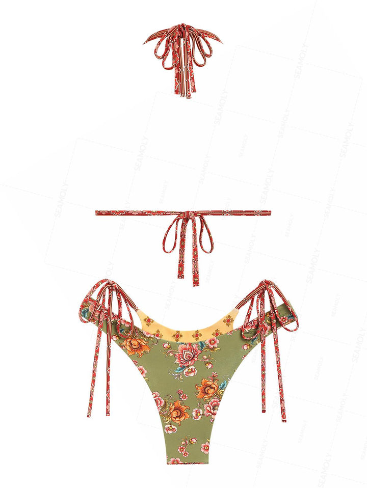 Seamolly Floral Print O Ring Top & Reversible Bottom Double Layer Bikini Set