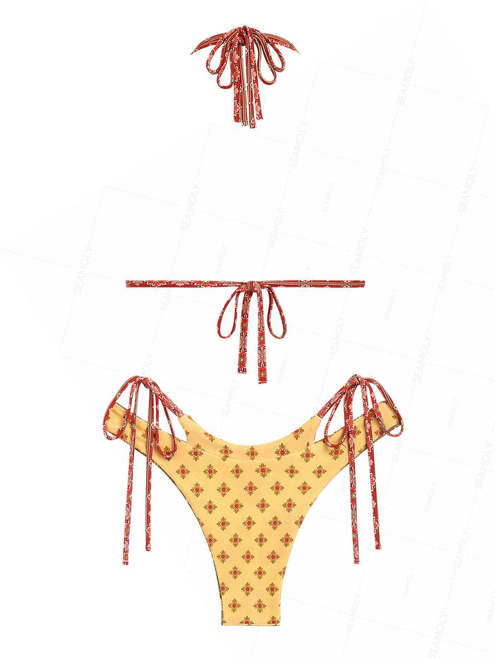 Seamolly Floral Print O Ring Top & Reversible Bottom Double Layer Bikini Set