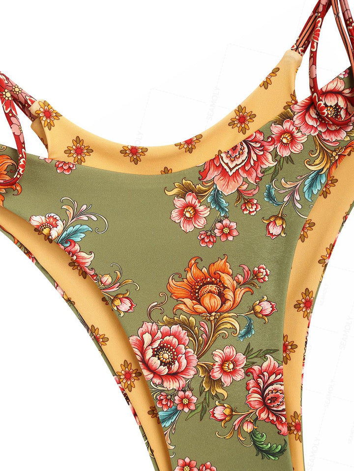Seamolly Floral Print O Ring Top & Reversible Bottom Double Layer Bikini Set