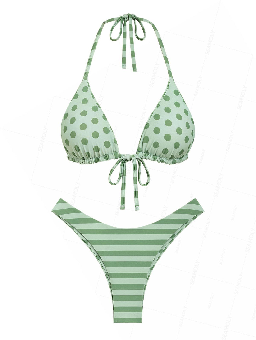 Seamolly Polka Dot Striped Triangle Top & Cheeky Brazilian Bottom Reversible Bikini Set