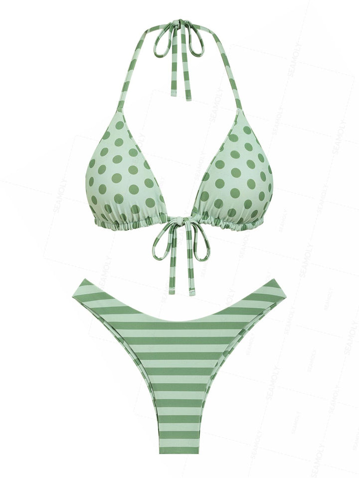 Seamolly Polka Dot Striped Triangle Top & Cheeky Brazilian Bottom Reversible Bikini Set