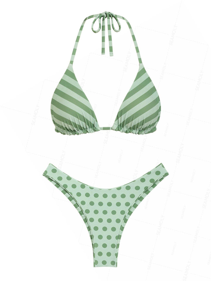 Seamolly Polka Dot Striped Triangle Top & Cheeky Brazilian Bottom Reversible Bikini Set