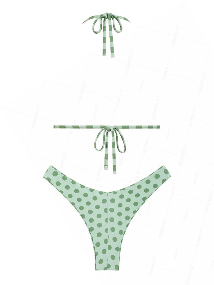Seamolly Polka Dot Striped Triangle Top & Cheeky Brazilian Bottom Reversible Bikini Set