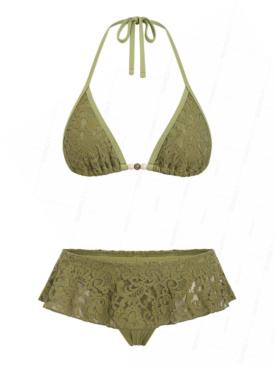 Seamolly Lace Beading Binding Halter Triangle Skirtini Bikini Set