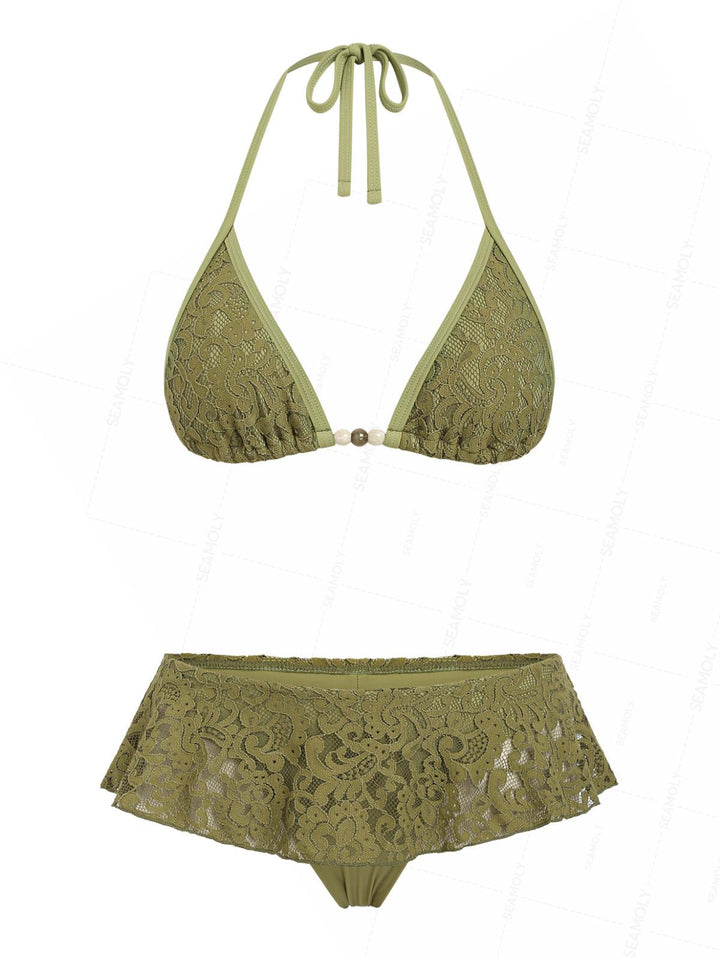 Seamolly Lace Beading Binding Halter Triangle Skirtini Bikini Set